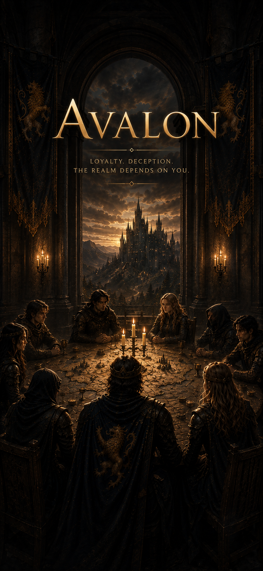 The fellowship gathers around the Round Table beneath the title Avalon